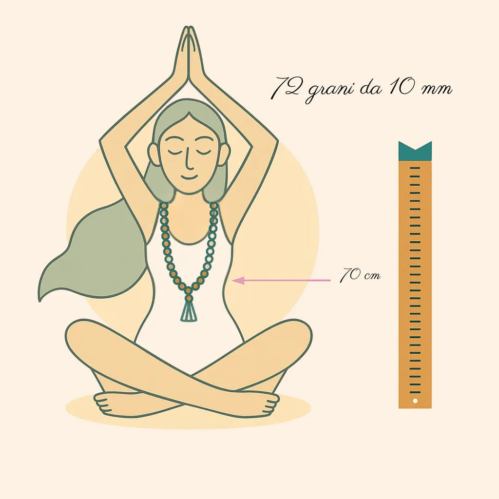 Guida alle misure di una japamālā con figura femminile in posizione yoga che indossa una collana mala da 72 grani da 10 mm, modello equilibrato con grani ampi e ben proporzionati.