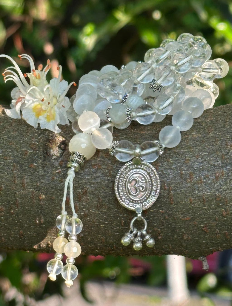 Mālā Ādi Śaṅkarācārya con Quarzo Ialino, Selenite e Pietra di Luna