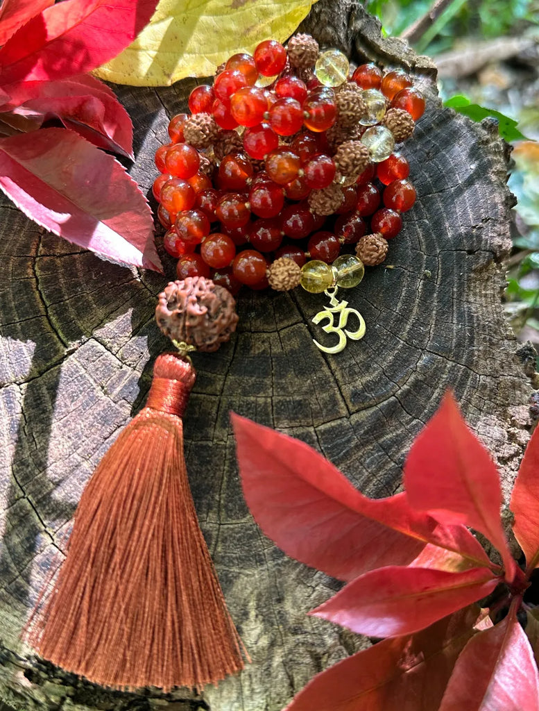 Japamālā Diwali in Rudrākṣa, Corniola e Quarzo Citrino adagiata su un tronco tra foglie dorate, illuminata dalla luce del sole autunnale.