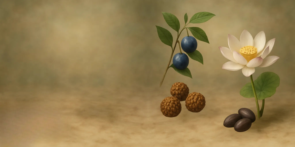 Illustrazione che rappresenta i semi sacri delle japamālā — la pianta di Rudrākṣa con i suoi frutti e  il fiore di loto con i suoi semi semi. Simboli di purezza, protezione e connessione spirituale