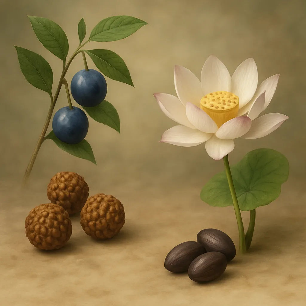 Illustrazione che rappresenta i semi sacri delle japamālā — la pianta di Rudrākṣa con i suoi frutti e  il fiore di loto con i suoi semi semi. Simboli di purezza, protezione e connessione spirituale