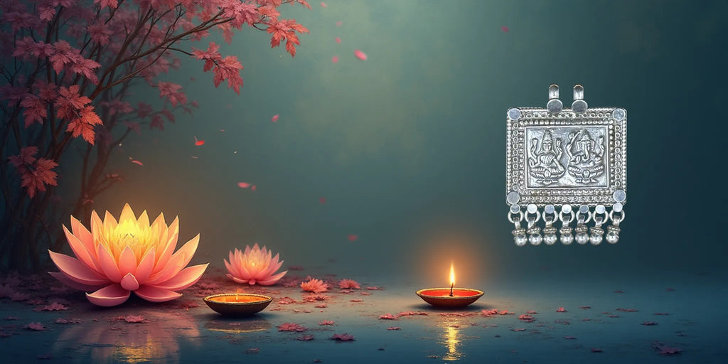 Pendente in argento raffigurante Gaṇeśa e Lakṣmī, simboli di saggezza, abbondanza e protezione, emblemi sacri della tradizione indiana presenti nelle japamālā.