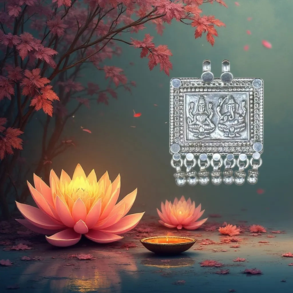 Pendente in argento raffigurante Gaṇeśa e Lakṣmī, simboli di saggezza, abbondanza e protezione, emblemi sacri della tradizione indiana presenti nelle japamālā.