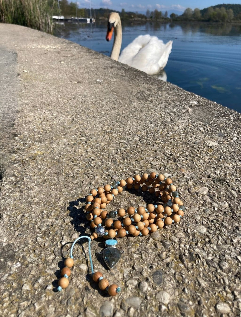 Japamala con grani di legno di Sandalo. In evidenza sullo sfondo: un cigno sul lago.
