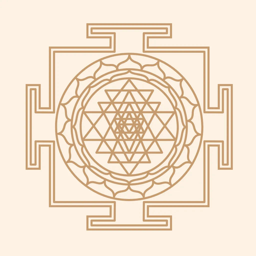 Simbolo del Śrīyantra, diagramma sacro di energia, abbondanza e armonia cosmica.